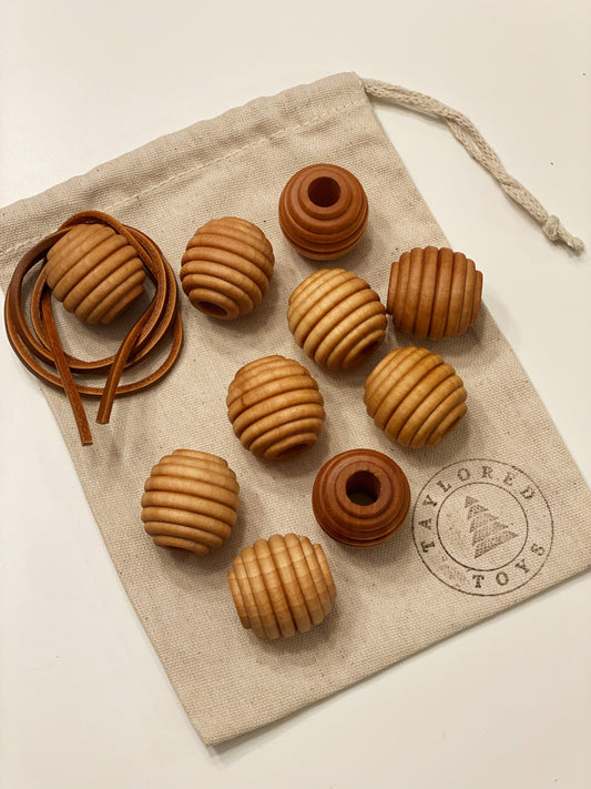 Montessori Wood Lacing Beads with Leather Cord